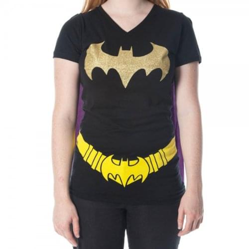 Batman Glittered Logo Juniors Black V-Neck Cape T-Shirt